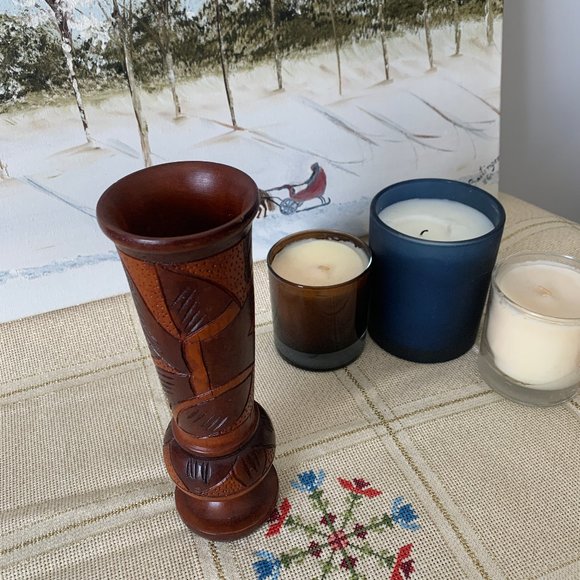 Hand Carved Wooden Decorative Vase with Fish and Flowers 8.5H & 2.75W - Picture 3 of 7